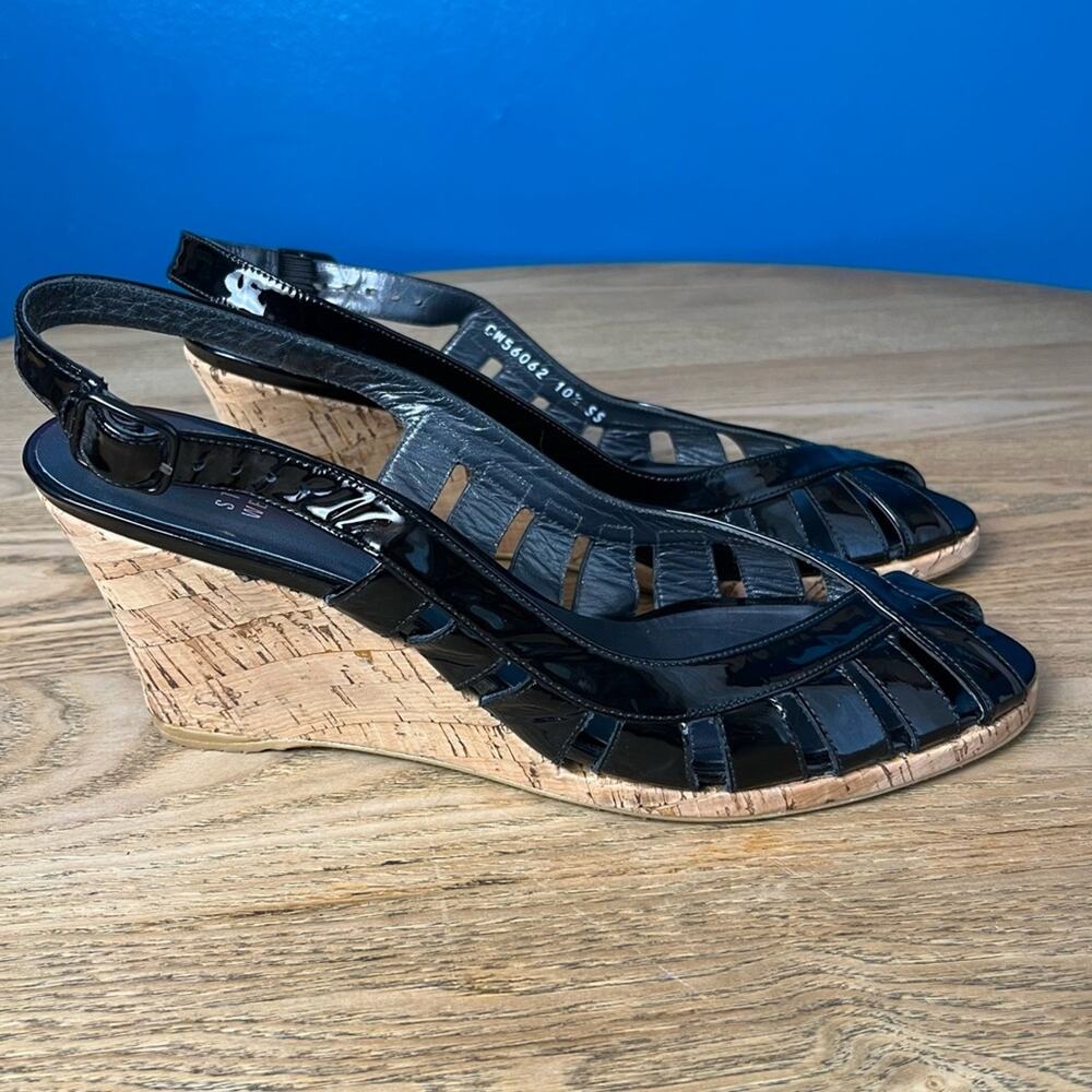 Stuart Weitzman Black Patent Leather Wedge Sandal Low Heel Women’s Size 10.5